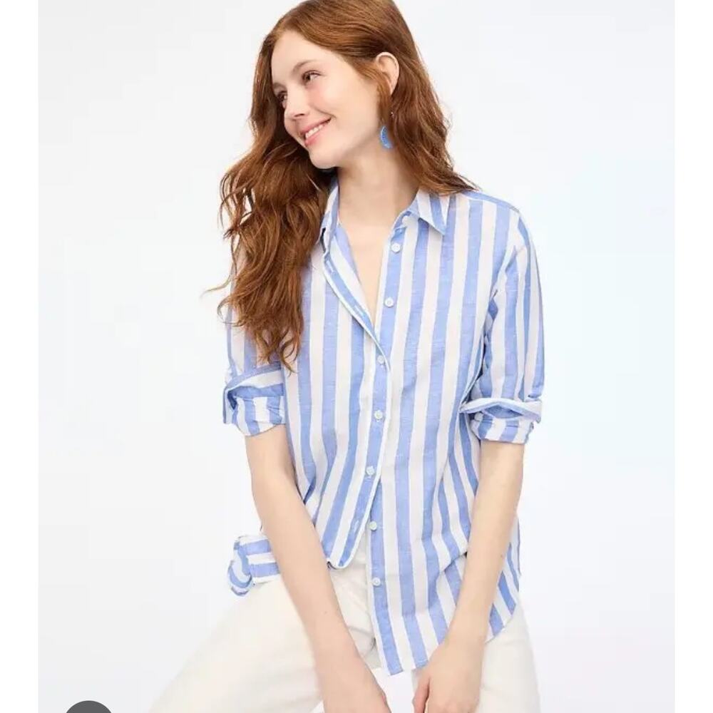 J. Crew Factory Blue and White Vertical Stripe Button-Up Blouse